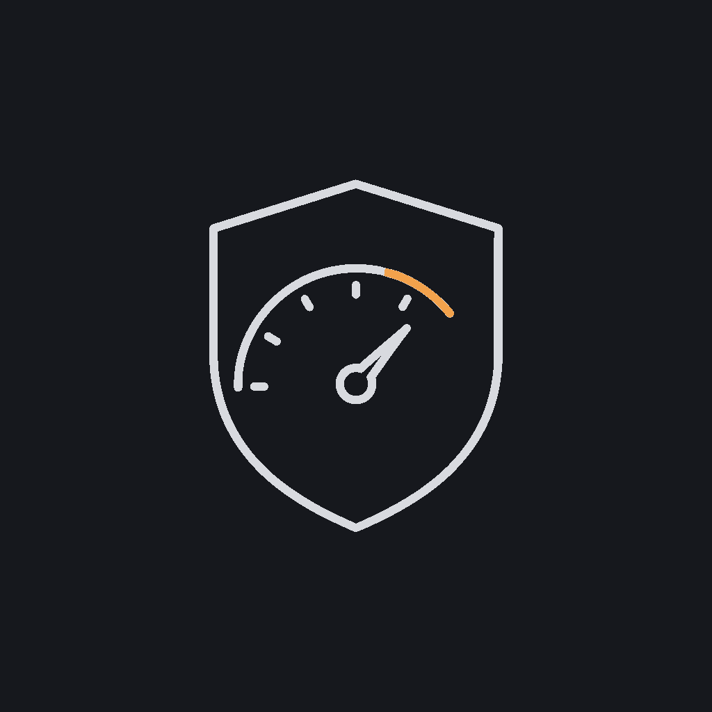 minimal line icon of a shield containing a numeric gauge dial, risk-scoring concept