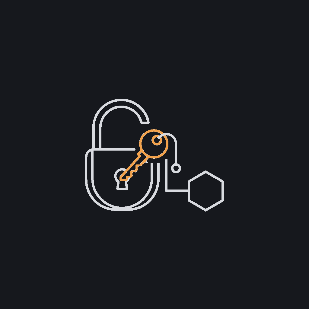 minimal line icon of a key turning in an open padlock, concept of ownership without lock-in