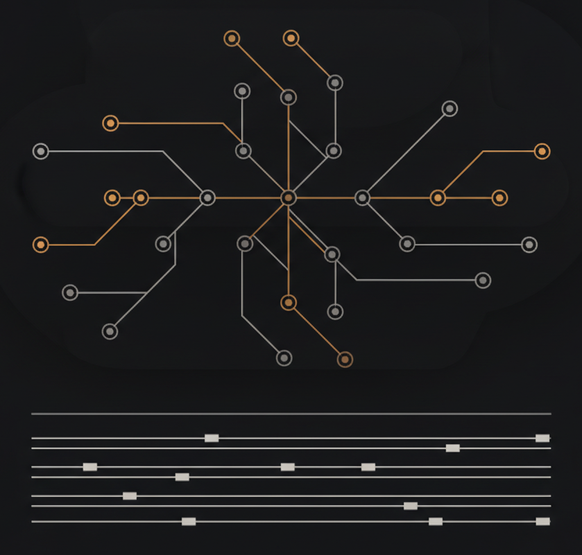 minimal line diagram of a branching adaptive node network over a flat static rule-list, concept of adaptive versus static detection