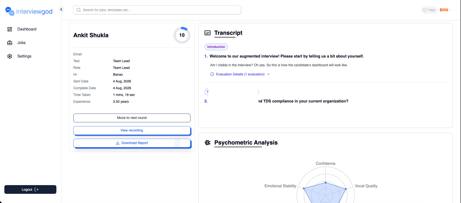 screen capture of InterviewGod's live interview dashboard mid-session: real-time transcript panel and AI scoring sidebar, dark UI, no faces visible