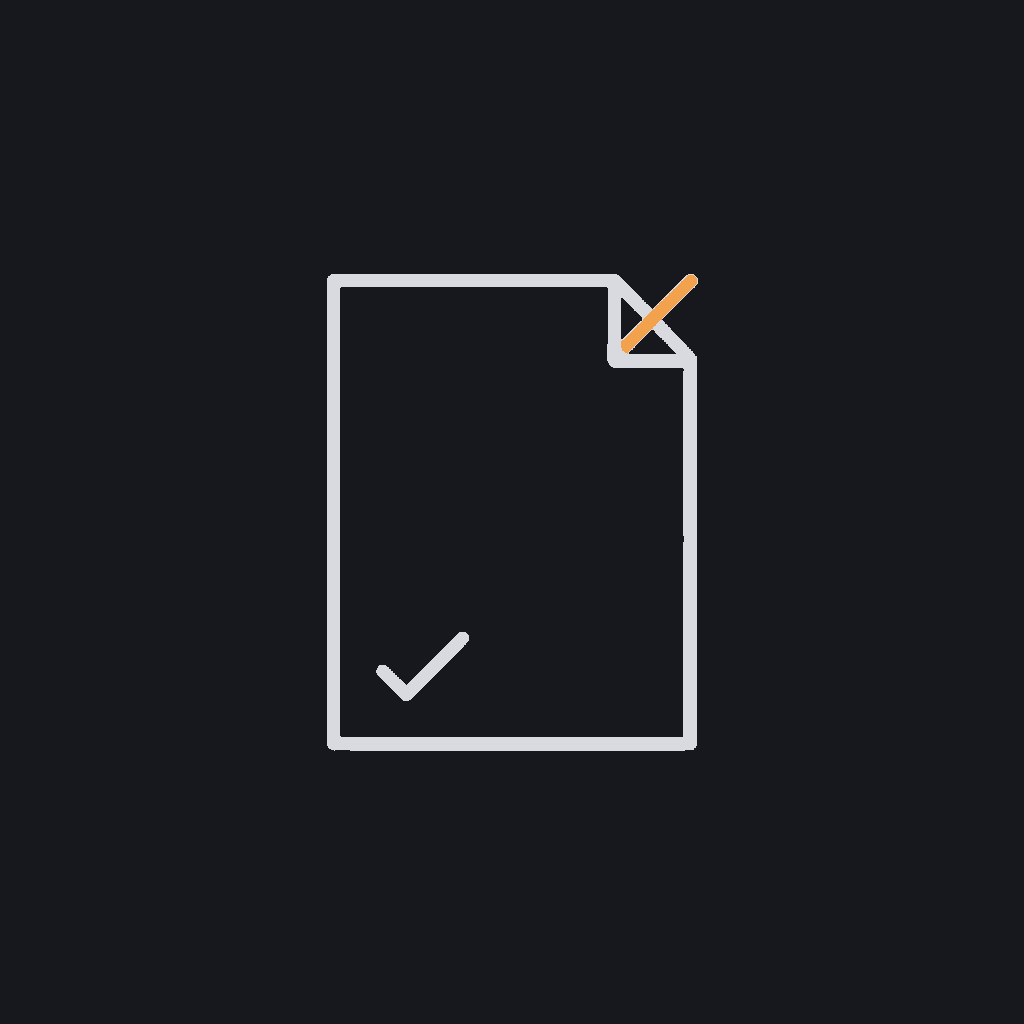 minimal line icon of a document with a checkmark and a red correction mark