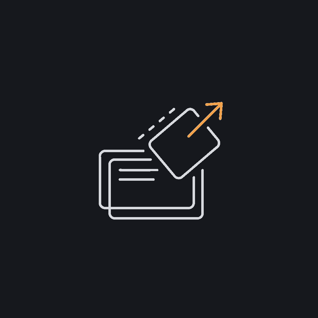 minimal line icon of a stack of three cards with the top card offset and an arrow pointing to it