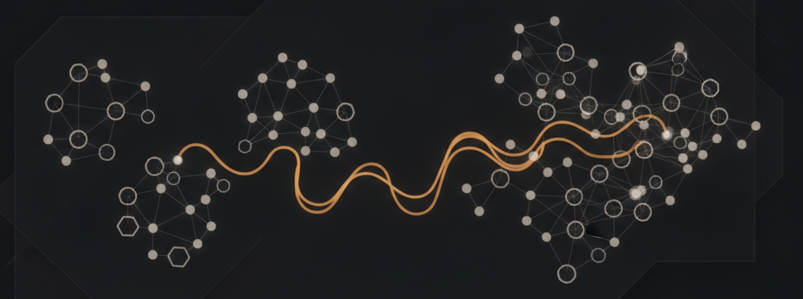 flat technical line-diagram of Banao's internal AI stack (InterviewGod, Vikaas, Vidya) connecting into a media/audience AI system, node-and-line style, single accent-color line art on dark background
