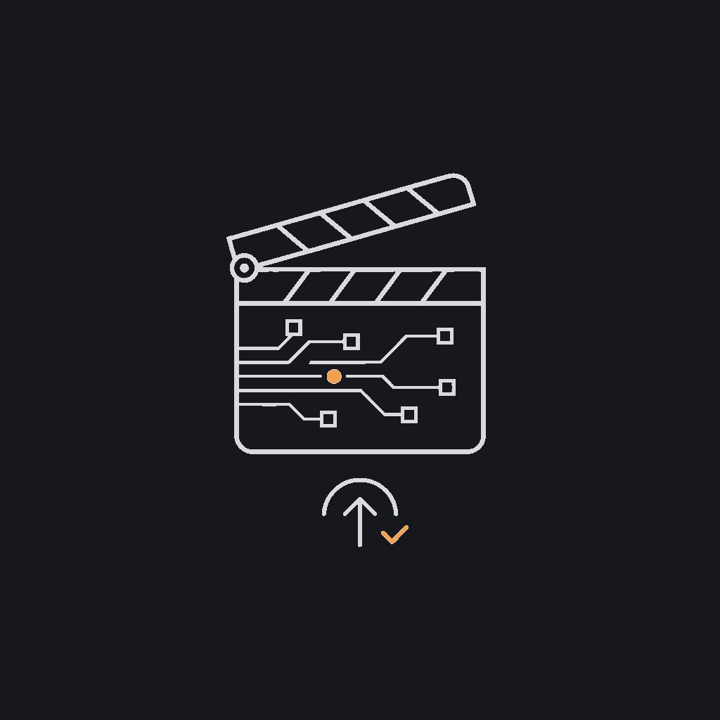 minimal line icon of a film clapperboard with a circuit-trace pattern, virtual-production/VFX concept