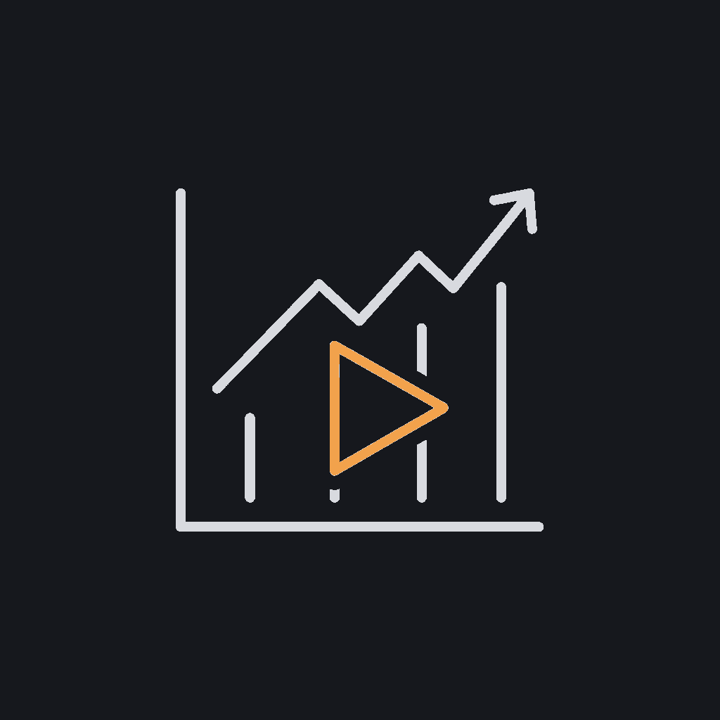 minimal line icon of a line chart with a play-button overlay, audience-analytics concept