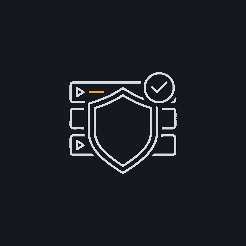 minimal line icon of a shield with a checkmark over a stack of video thumbnails, moderation concept