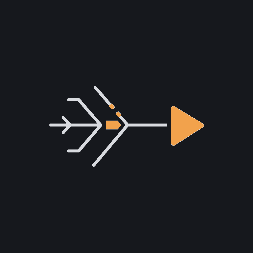 minimal line icon of branching arrows converging on a single play icon, recommendation-engine concept