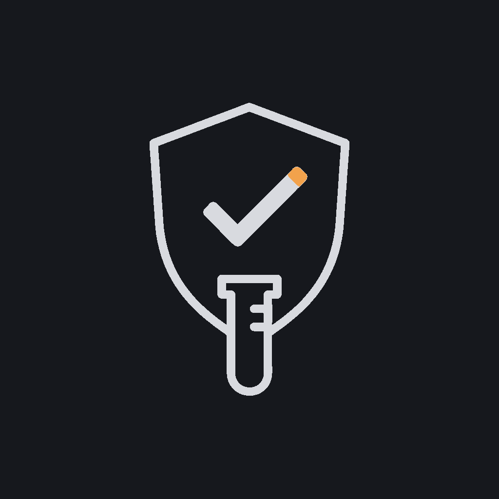 minimal line icon of a checkmark inside a shield over a test tube, QA-validation concept
