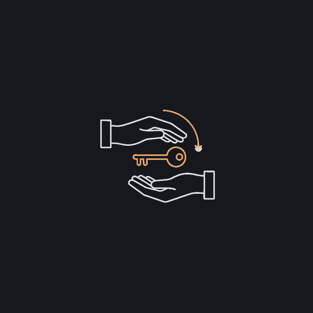 minimal line icon of a key passing from one open hand to another, ownership-handoff concept