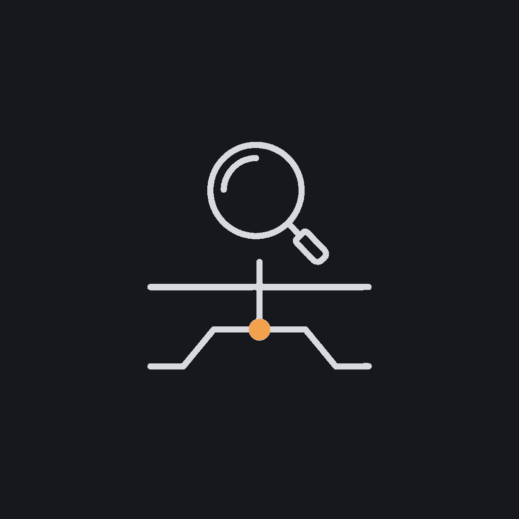 minimal line icon of a magnifying glass over a branching workflow diagram, scoping/discovery concept