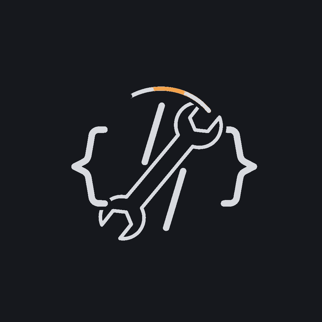 minimal line icon of a wrench crossing a code bracket, build-in-progress concept