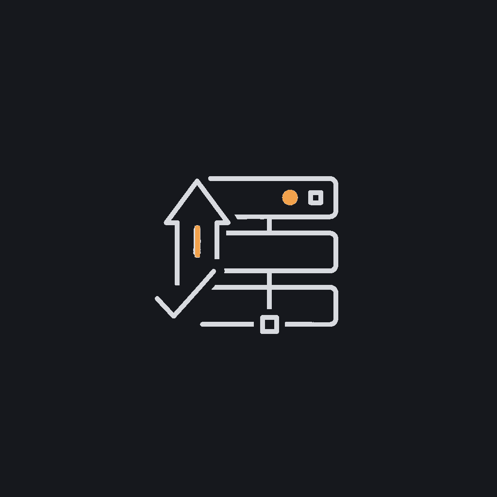 minimal line icon of an upward arrow feeding into a server rack, deployment concept