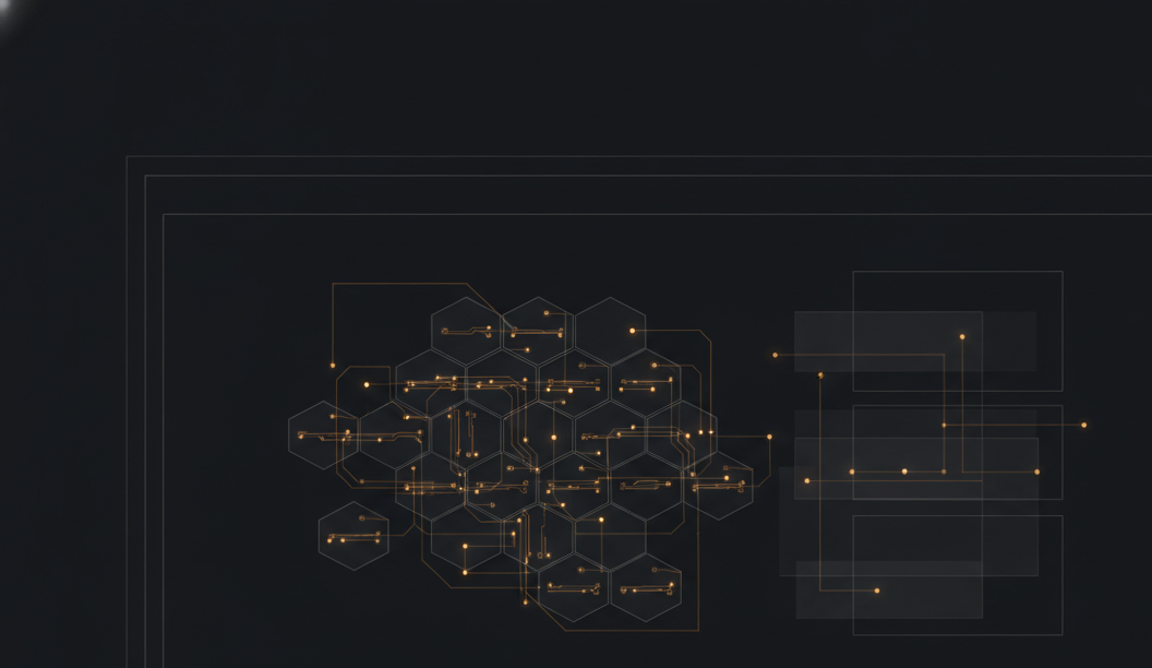 abstract dark-mode dashboard render representing a production AI system: data-stream tiles and a recommendation panel, amber accent highlights on charcoal, no real client UI or logos, 4:3 crop