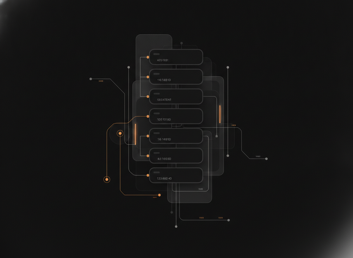 abstract dark-mode interface render representing a production AI system: a content feed with tagging/classification overlays, amber accent highlights on charcoal, no real client UI or logos, 4:3 crop