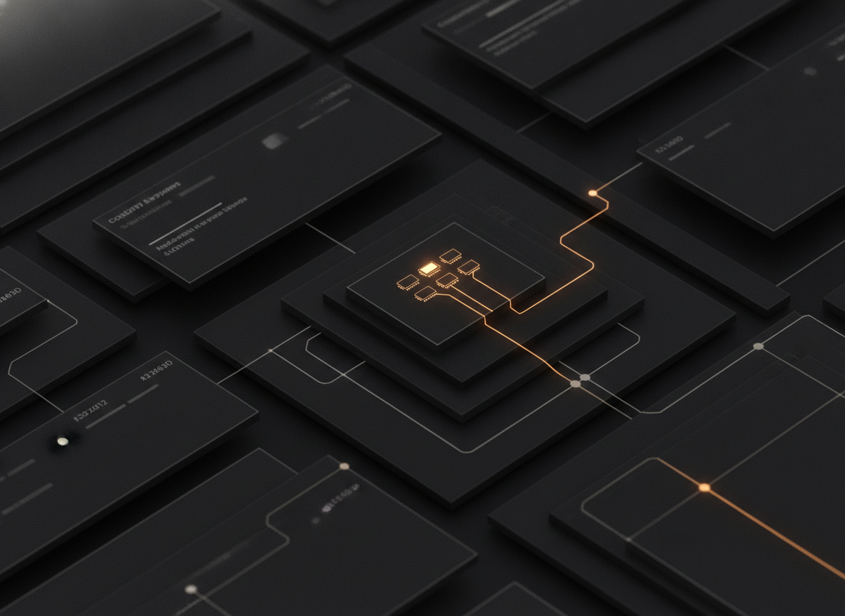 abstract dark-mode interface render representing a production AI system: a moderation/queue panel with status chips, amber accent highlights on charcoal, no real client UI or logos, 4:3 crop