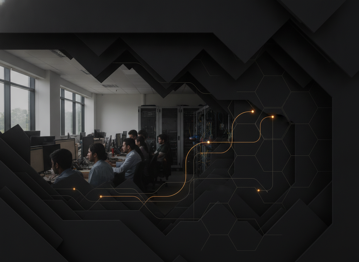 wide interior photo of Banao's Bengaluru engineering floor at work, natural light, candid (not posed), showing the team behind the internal AI stack
