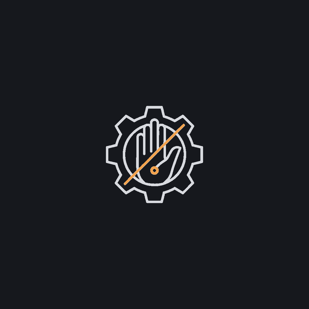 minimal line icon of a gear with a crossed-out hand overlay, automation-replacing-manual-task concept