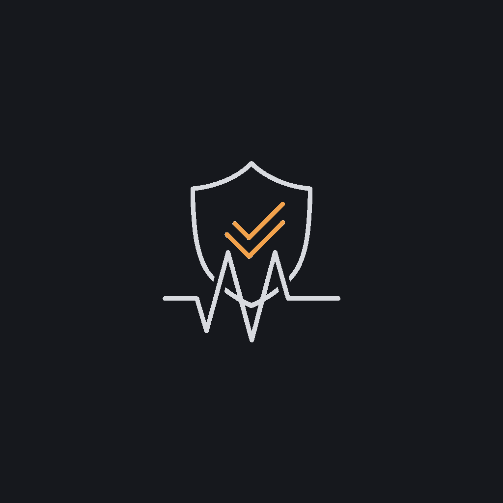 minimal line icon of a shield with a checkmark over a pulsing waveform, anomaly-detection concept
