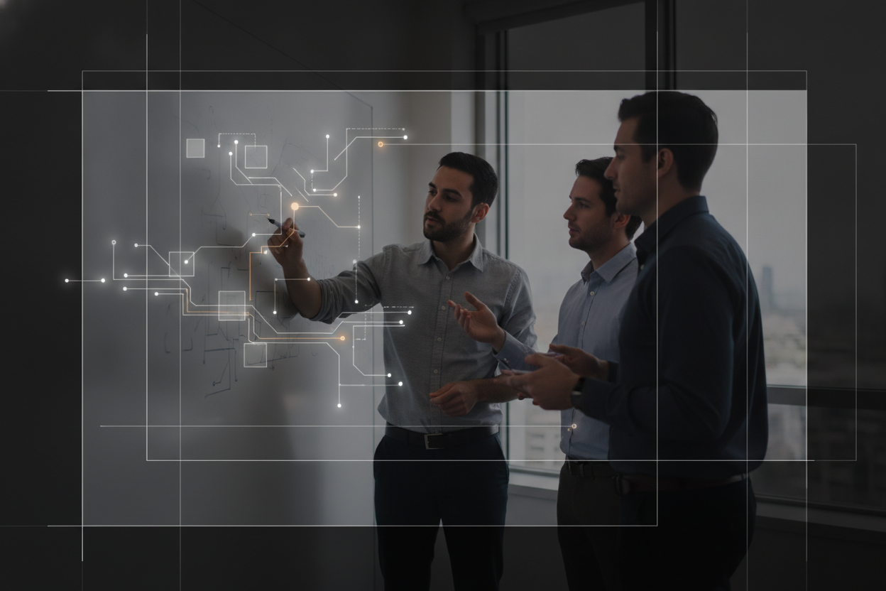 candid documentary-style photo of engineers at a whiteboard mid architecture review, unposed, natural office light, no stock-photo feel