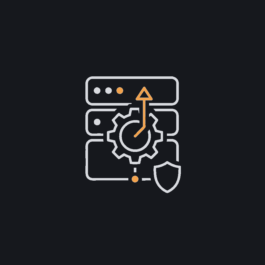 minimal line icon of a gear interlocked with an upward arrow inside a server rack outline