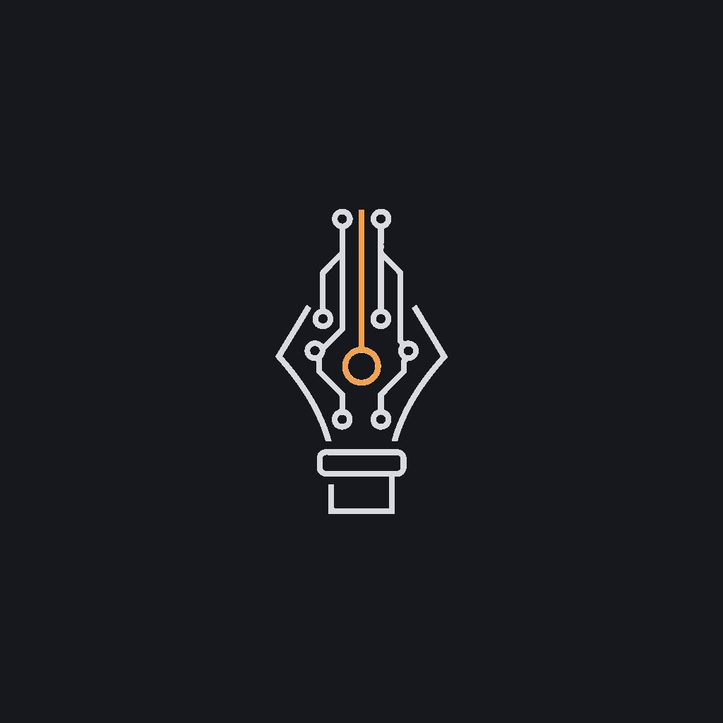 minimal line icon of a pen nib merging into a circuit trace