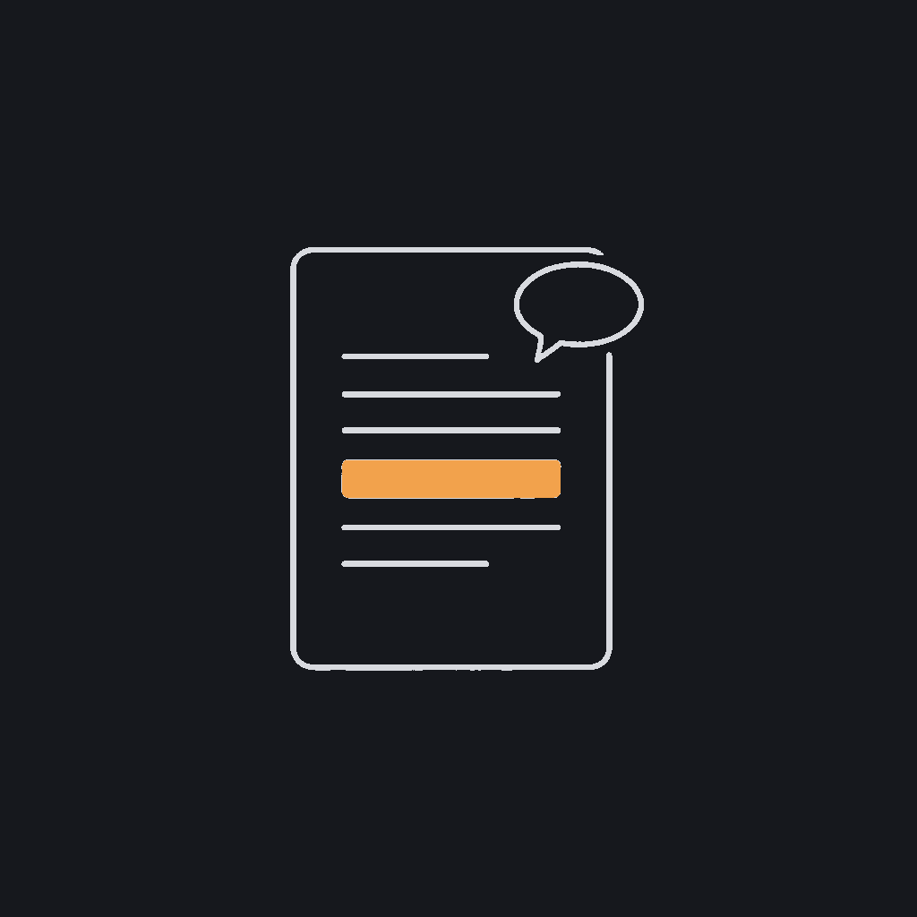 minimal line icon of a text document with highlighted lines and a small speech bubble