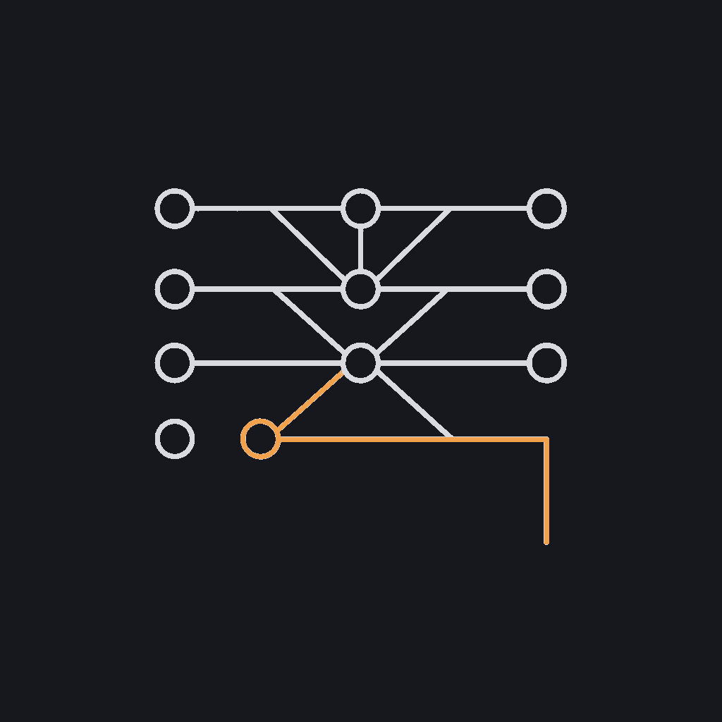 minimal line icon of interconnected nodes forming a layered neural network