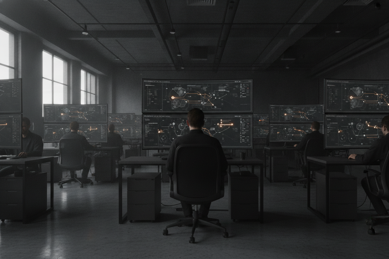 wide interior photograph of Banao's own operations floor, engineers at monitors reviewing live model dashboards, documentary style, natural light