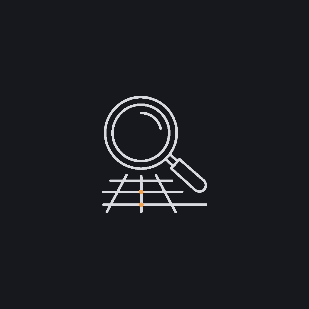 minimal line icon of a magnifying glass hovering over a wireframe grid, scoping/discovery concept