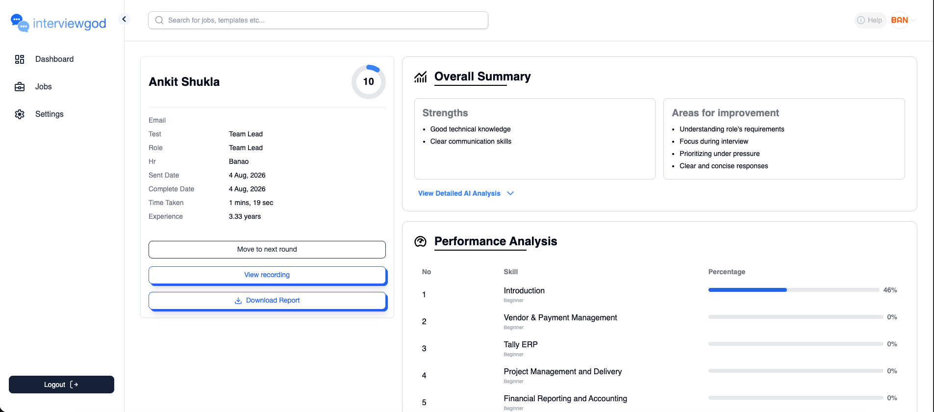 InterviewGod completed-interview scorecard: overall score dial, strengths and areas-for-improvement lists, and a per-skill performance breakdown