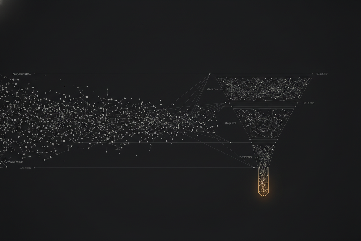 abstract diagram of a Discovery Sprint funnel narrowing from raw client data into a deployed model, three labeled stages, flat line-art style matching the dark theme