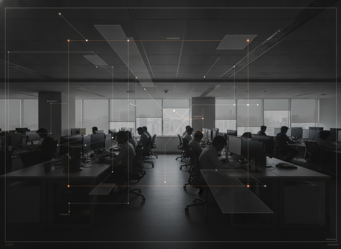 documentary-style wide photo of Banao's Bengaluru engineering floor, engineers working at multi-monitor workstations mid-task, natural office light, candid and unposed