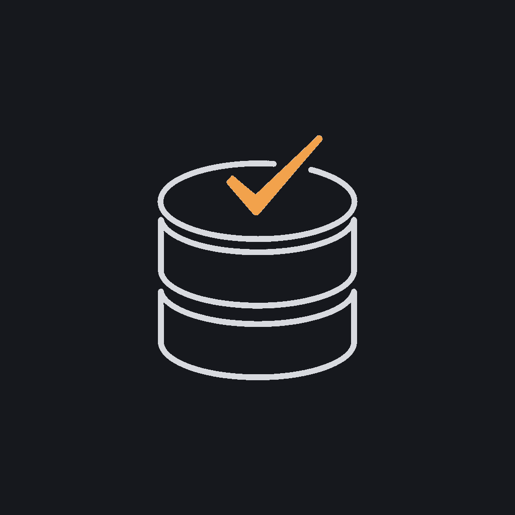 minimal line icon, a database cylinder with a checkmark scan-line across it, audit concept