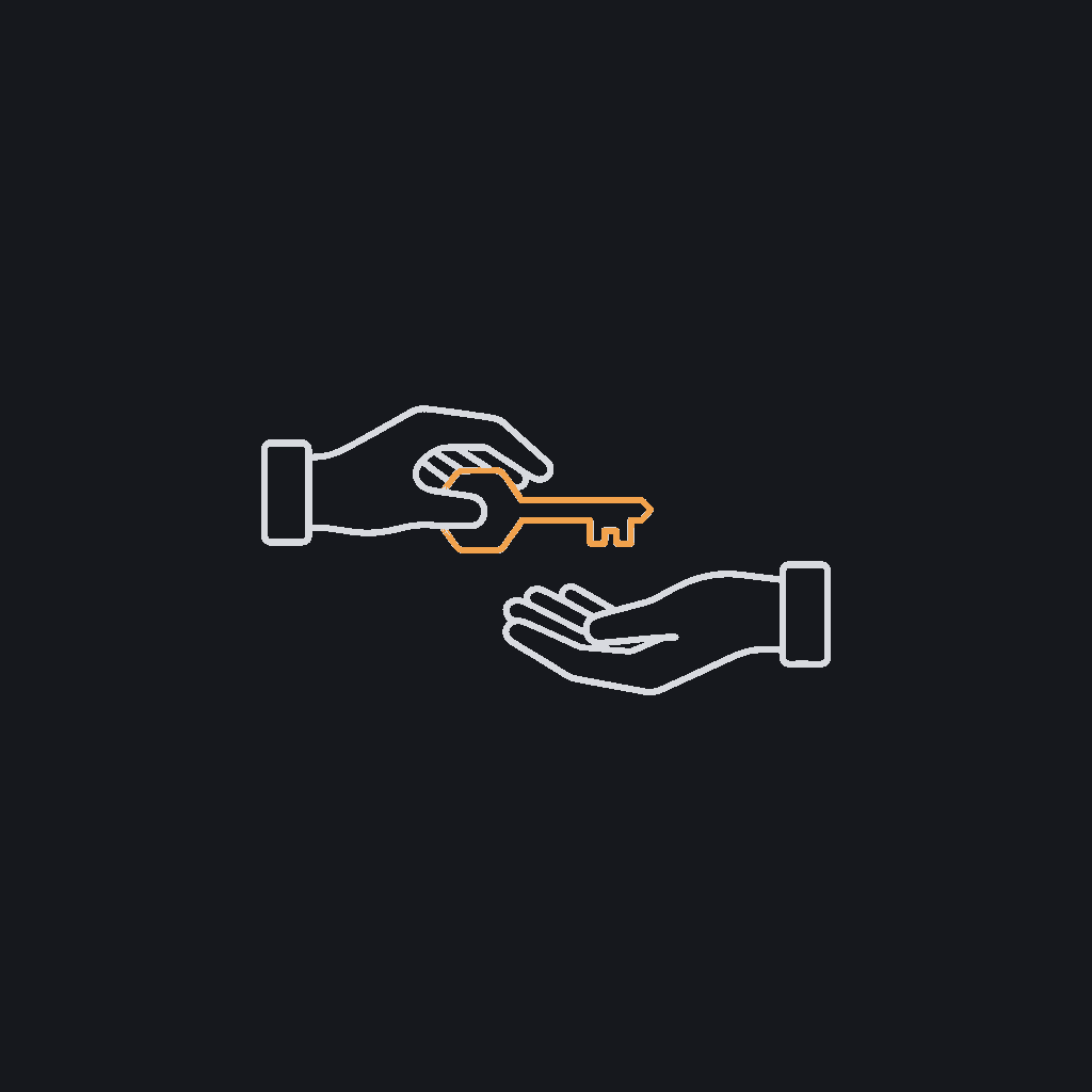 minimal line icon, a key passing from one outlined hand to another, ownership-transfer concept