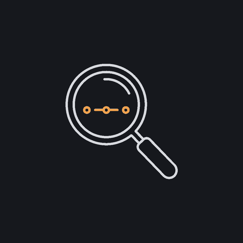minimal line icon, a magnifying glass overlaid on a short timeline mark, discovery concept
