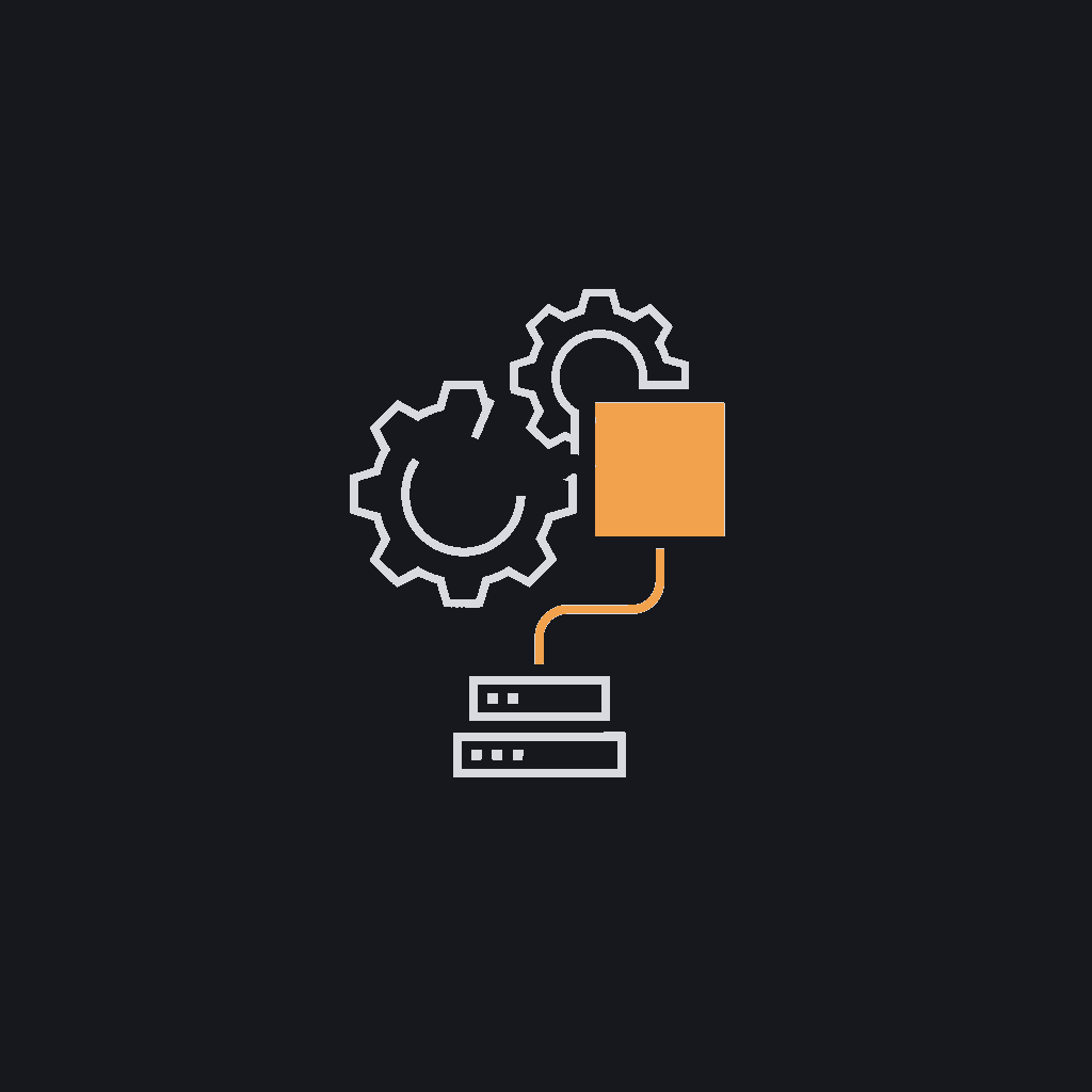 minimal line icon, two interlocking gears merging into a filled solid square, build-to-production concept