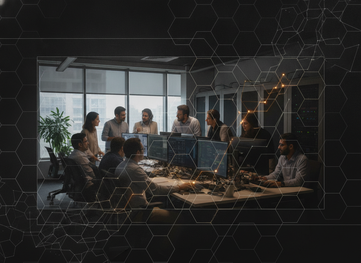 wide documentary-style photo of a mixed engineering and operations team working at a Bengaluru office, candid, natural light, no posed smiling-at-camera shots
