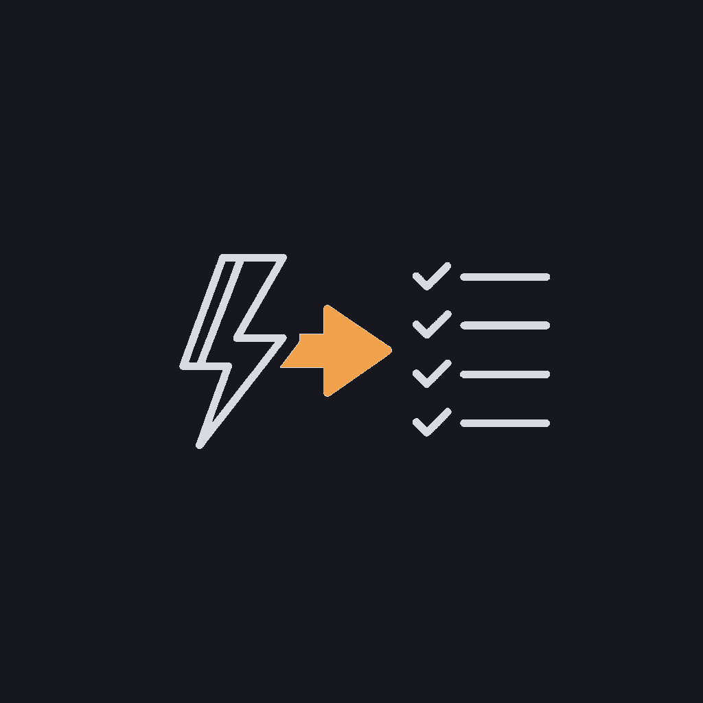 minimal line icon of a bolt triggering a forward arrow into a checklist, automated-action concept