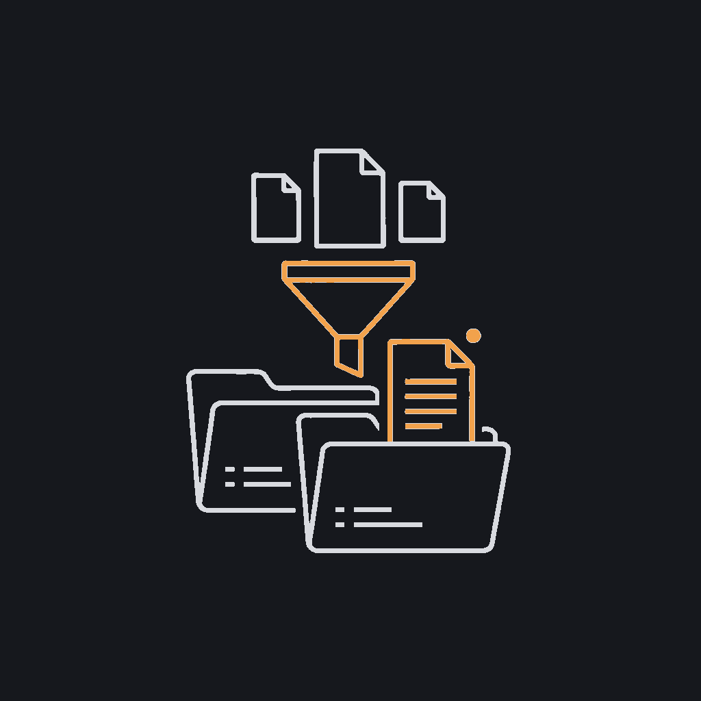 minimal line icon of three documents sorting into labeled folders, classification concept