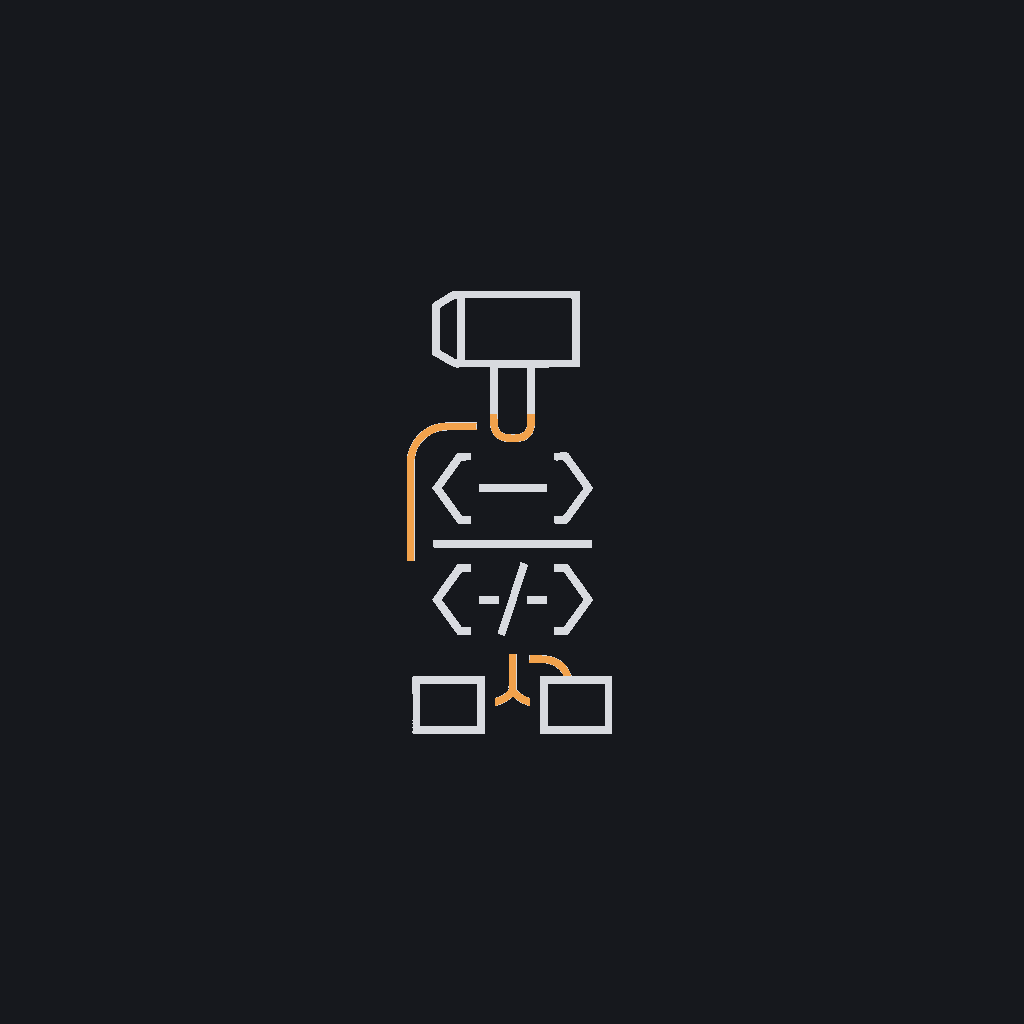 minimal line icon of a hammer over a stack of code brackets, active-build concept
