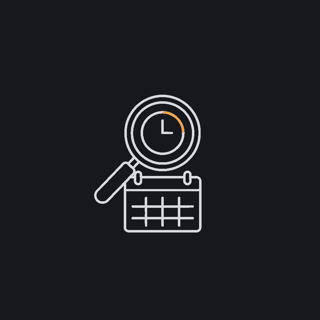 minimal line icon of a magnifying glass over a week-grid calendar, discovery-sprint concept