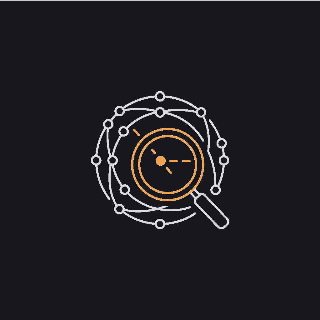 minimal line icon of a network map with connected nodes and a magnifying glass, systems-audit concept