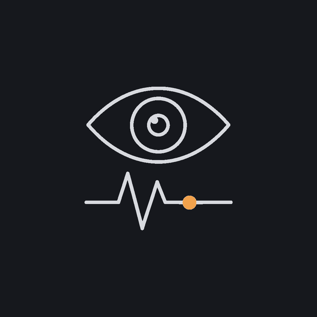 minimal line icon of an eye over a live pulse-line readout, monitoring concept