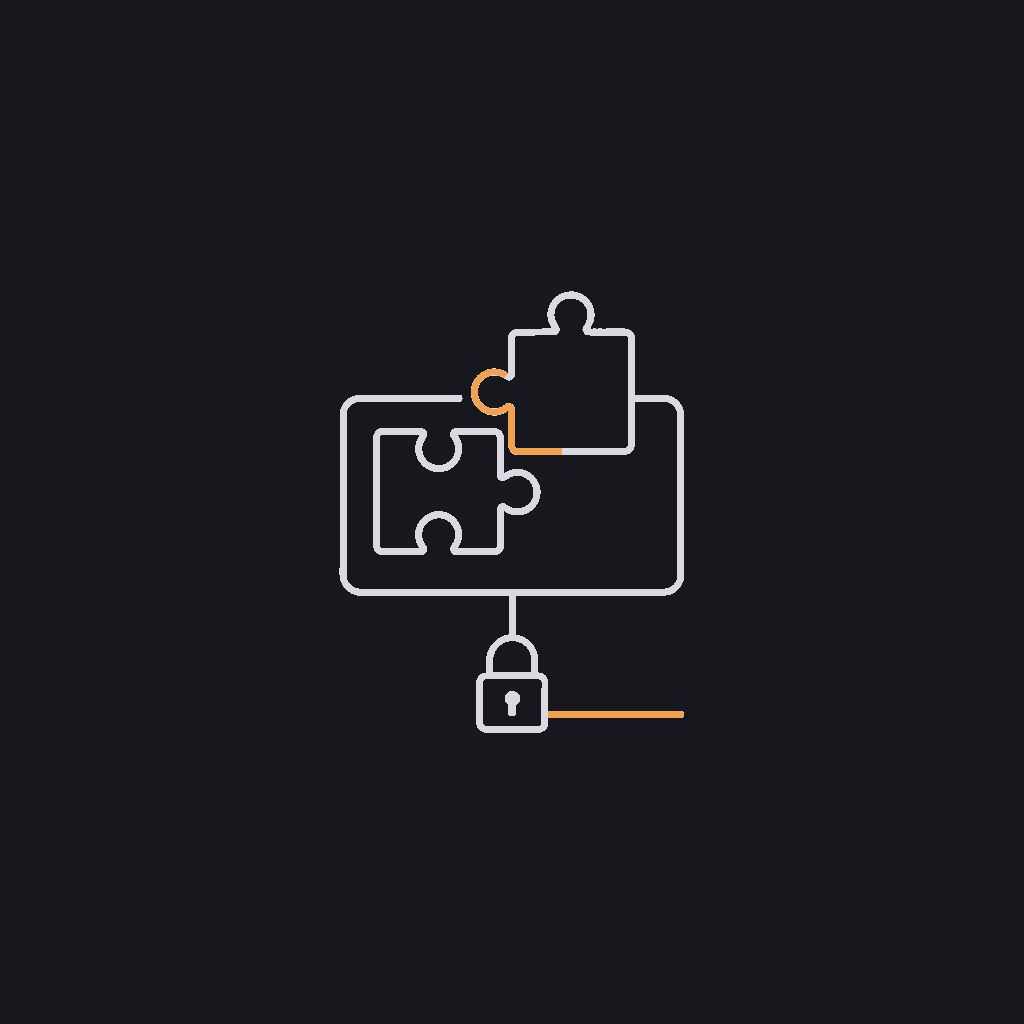 minimal line icon of two puzzle pieces connecting into an existing system block, integration concept