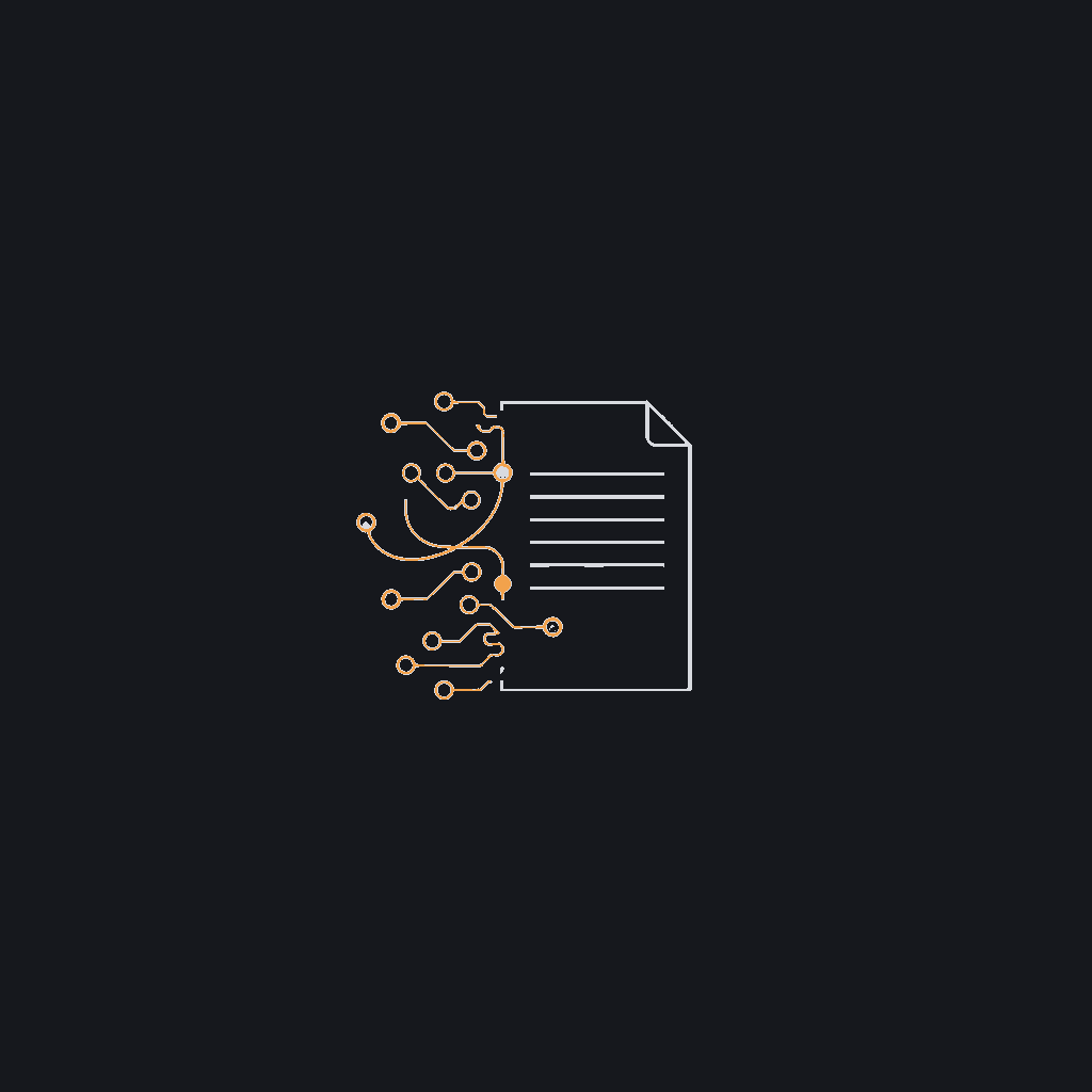 thin monoline abstract graphic of a single document icon dissolving into a grid of connected data nodes, dark canvas, one amber accent line tracing the connection, no text or logos
