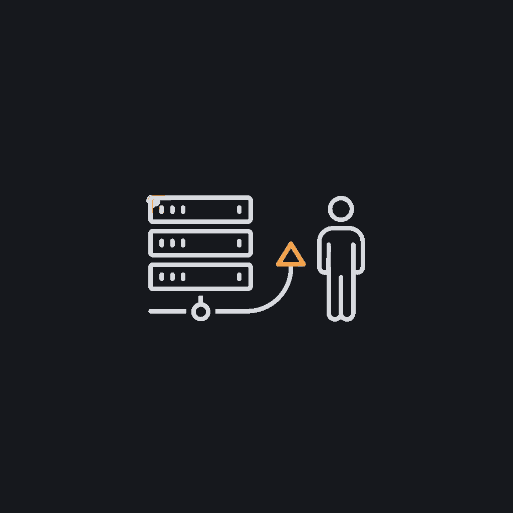 minimal line icon of a server rack with an arrow handing off to a person, deployment-and-ownership concept