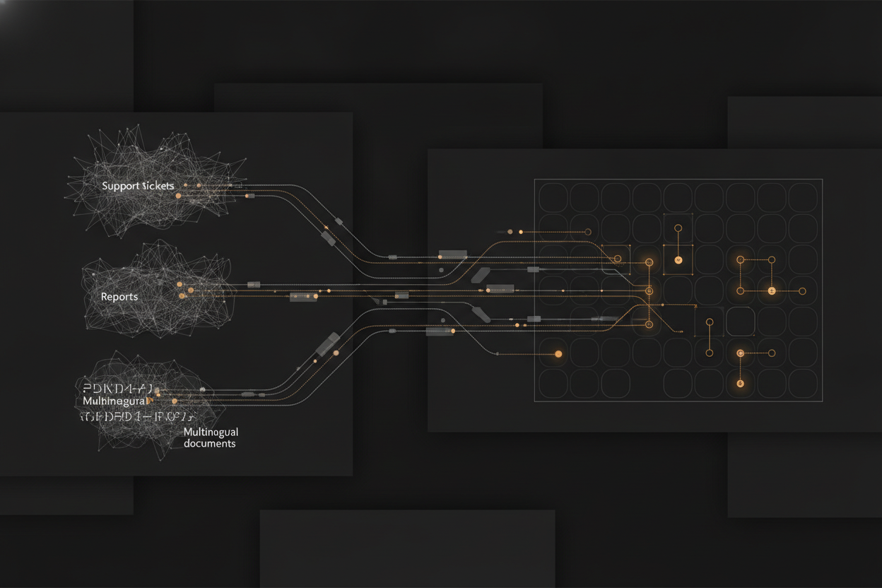 abstract dark-UI visualization of unstructured text (support tickets, reports, multilingual documents) flowing left-to-right into a structured, tagged output panel