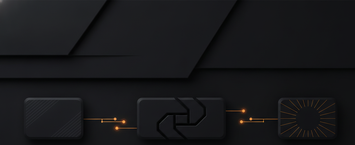 technical architecture diagram of the production inventory RL system: three labeled boxes (Input Feed, Decision Agent, Inventory Action) connected left-to-right by directional arrows, dark schematic style, thin amber accent connecting lines