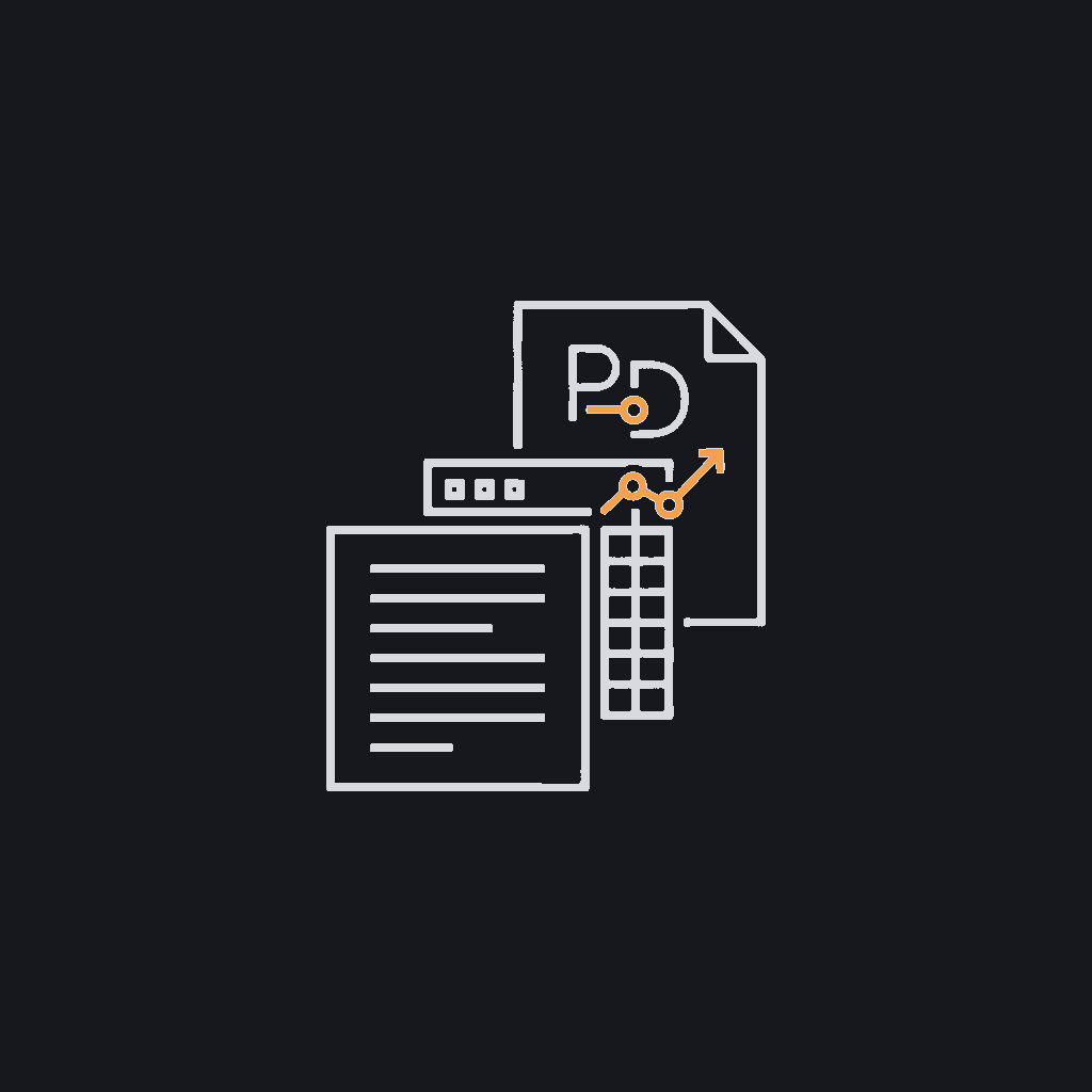 minimal line icon of a stack of mixed document types (PDF, chat log, spreadsheet), monitoring concept