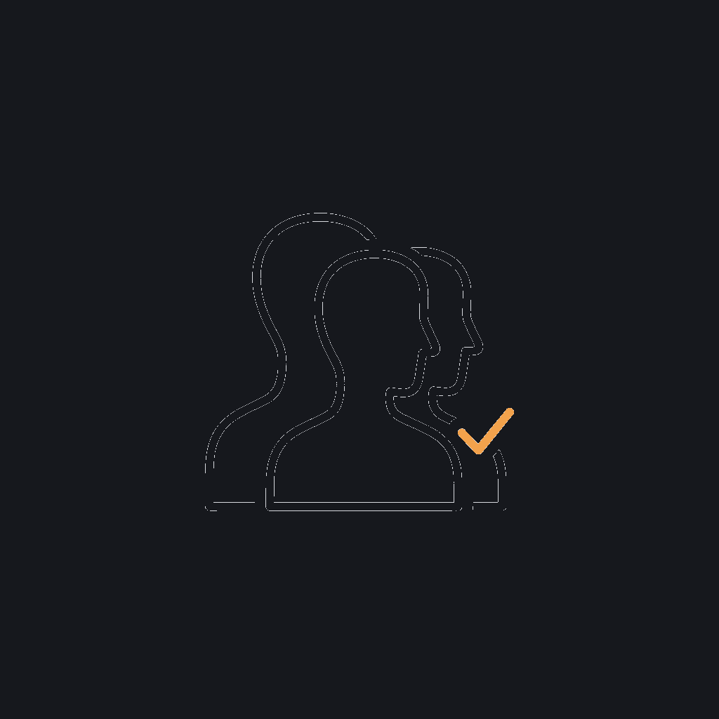 minimal line icon of two overlapping profile silhouettes with a small checkmark